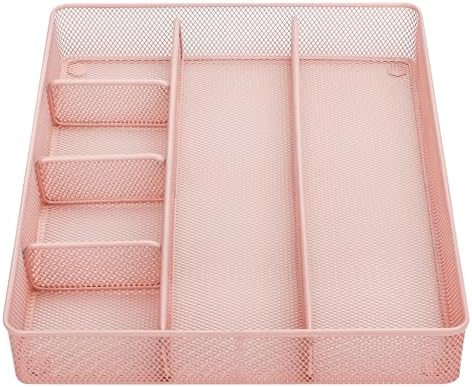 Annova Desk Top Organizer Tray for Office Organization - Metal Mesh - Storage Tray with Dividers for Pens, Desktop Accessories, Bathroom, Kitchen, Makeup and Office Supplies (Large, Light Pink)