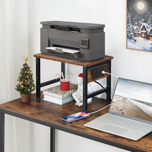 HOOBRO Printer Stand for Desk, Desktop Printer Stand with Charging Station, Small Printer Table with Storage Hook, Under Desk Printer Cart, File Rack for Home Office BF01UPS01