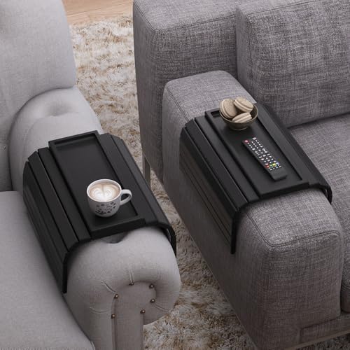 2 Pack Bamboo Folding Sofa Arm Tray with Anti-Slip Pad (Black)