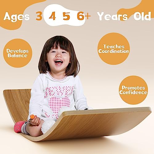 Gentle Monster Wooden Wobble Balance Board, 35 Inch Rocker Board Natural Wood, Open Ended Learning Toy, Yoga Curvy Board for Classroom & Office Adult