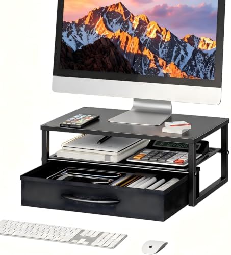 Ekisemio Metal Monitor Stand Riser with Fabric Drawer, 2-Tier Computer Desk Organizer for Laptop, Computer, iMac, Black | Fabric Drawer, 2-Tier Design, Desk Organizer, Metal Construction
