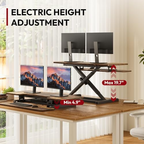 SANODESK Standing Desk Converter with Electric Motor 42" Height Adjustable Riser for Office Home,Dual Monitor and Laptop Workstation with Large Keyboard Tray, Rustic Color