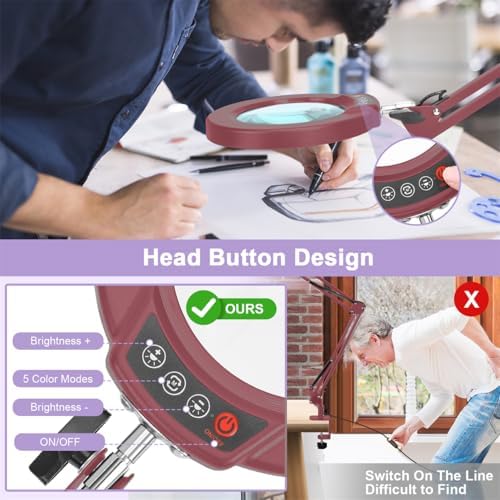 12X Magnifying Glass with Light and Clamp, Real Glass Lens Lighted Magnifier with Stand, 5 Color Modes LED Dimmable Magnifying Desk Lamp Hands Free for Crafts Painting Sewing Close Work - Red