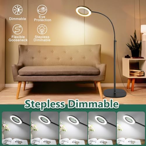 15X Magnifying Glass with Light and Stand, Real Glass Lens, 5 Color Modes, Stepless Dimmable, 24" Flexible Gooseneck 3-in-1 Floor Lamp, LED Lighted Magnifier Hands Free for Close Work, Craft, Painting