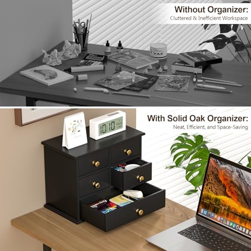 Oak Desk Organizer with Drawers, Durable Wooden Desktop Storage Box