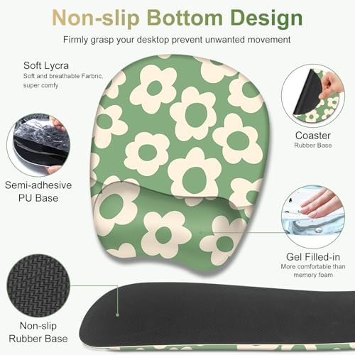 Large Mouse Pad with Wrist Support 4in1 Set, XXL Game Mousepad +Keyboard Wrist Rest+Mouse Wrist Rest+Coaster Ergonomic Design Gaming Mat for Home Office Table Computer I Vintage Groovy Flowers