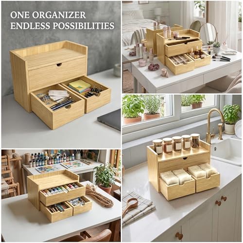 Bamboo Desk Organizer with 3 Drawers, Wood Storage Box for Office Supplies