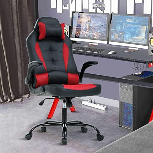 Red PU Leather Gaming Chair - Adults Ergonomic Desk Chair with Flip Up Arms, Swivel Reclining, Height & Backrest Adjustable, 300 Lbs
