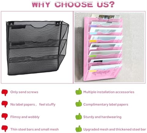 8 Pockets Mesh Wall File Holder Organizer Office Hanging File Folder Magazine Rack, Nametag Label Hooks Set Included (Pink)