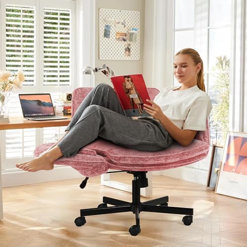Criss Cross Chair with Wheels & Arms, Chenille Cross Legged Office Chair with 5-level Folding Armrest, Comfortable Adjustable Swivel Vanity Chair for Home, Make Up, Bed Room, Office, Accent (Pink)