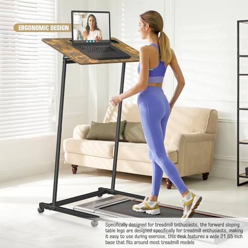 Eocnrhe Treadmill Desk, Mobile Small Standing Desk with Wheels for Walking Pad, Portable Table for Laptop, Rolling Table Adjustable Height, Bedside Table，Brown