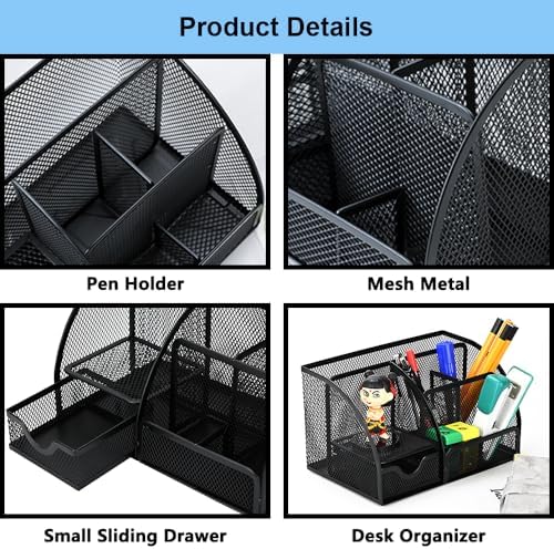 Desk Organizer Stationery Storage, Pencil Holder for Desk, Wire Mesh Office Supplies Journals Notebooks Organizers with 7 Compartments and Mini Drawer (Black)
