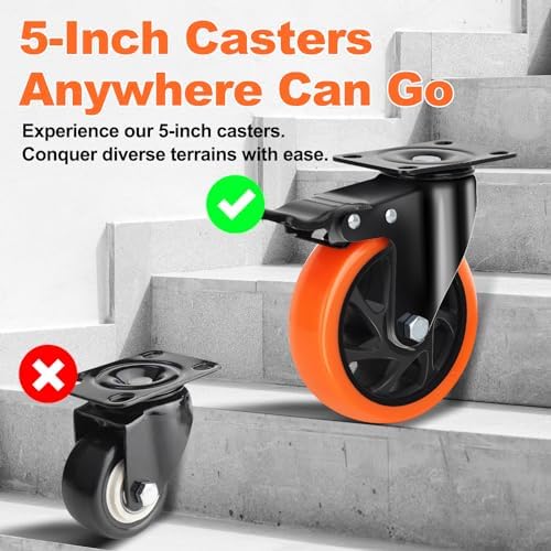 QNCZ 5 Inch Caster Wheel with Dual Brake, Heavy Duty, Silent, Set of 4