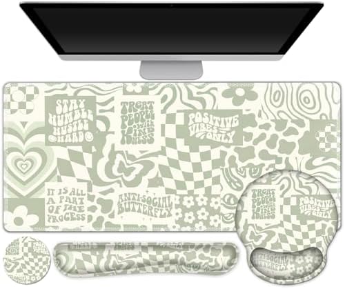 Large Desk Mat, Beige Gaming Mouse Pad, Desk Pad Protector, XXL Mousepad + Keyboard Wrist Rest+Mouse Wrist Rest+Coaster Set with Ergonomic Desk Pad for Home Office PC Computer, Retro Boho Aesthetic