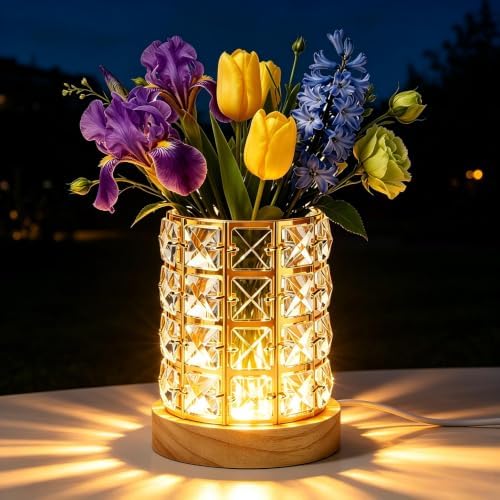 5-in-1 LED Crystal Night Light Wooden Base Makeup Brush Holder Pen Cup