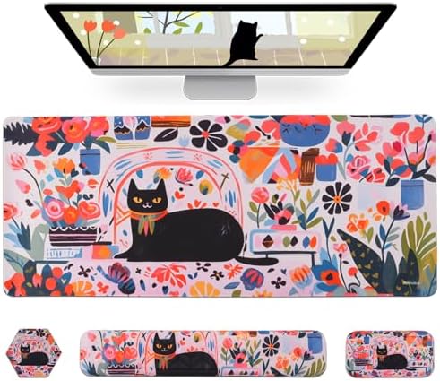 Petmolico 4-in-1 Wrist Rest Set with Desk Pad, Cat and Flowers
