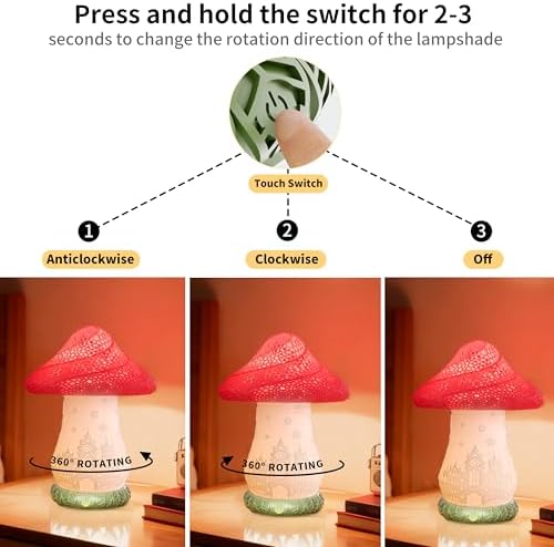 Cordless Mushroom Lamp - Rechargeable Touch Lamp for Nightstand, 3 Color Temperature Bedside Lamp with Rotating Castle Shade, Battery Operated Small Lamp for Bedroom, Nursery, Kids Room