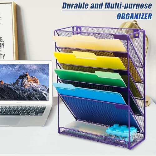 EASEPRES Desk File Organizer Mesh 6-Tier, Hanging Wall Mount Document Organization Stand, Desktop Vertical Mail Paper Folder Holder Rack with Bottom Tray for Office Home Cubicle Countertop, Purple