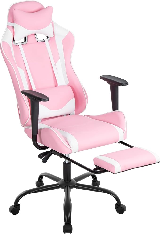 BestOffice | Ergonomic Gaming Chair | Pink | Reclining Computer Chair with Lumbar Support, Headrest Pillow, Adjustable Footrests | 360 Swivel with Heavy Duty Wheels | for Home & Office