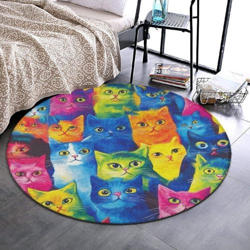 Room Sofa Yoga Soft Round Carpet, Home Decor Non Slip Kitchen Office Circle Rug, Machine Washable Modern Round Area Rug Colorful Cats Art, 36inch