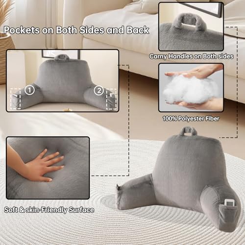 Large Plush Backrest Pillow for Sitting in Bed,Faux Fur,Gray