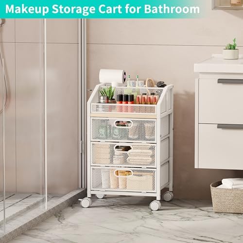 HapiRm Rolling Makeup Cart Organizer - Under Desk Makeup Storage with Wheels, Floor Make up Cart Skincare Organizers Desk Vanity Storage Organizer Cabinet for Cosmetics Makeup Brush Hair Tool, White