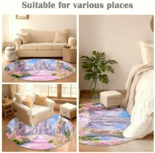 Princess Castle Round Rug - 2ft Small Floral Castle Round Area Rug for Entryway, Dreamy Theme Circle Rugs Washable Non-Slip Carpet for Bathroom Bedside Kitchen Decor Mat