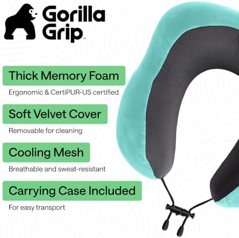 GORILLA GRIP Travel Neck Pillow for Airplanes, Travel Essentials, Turquoise