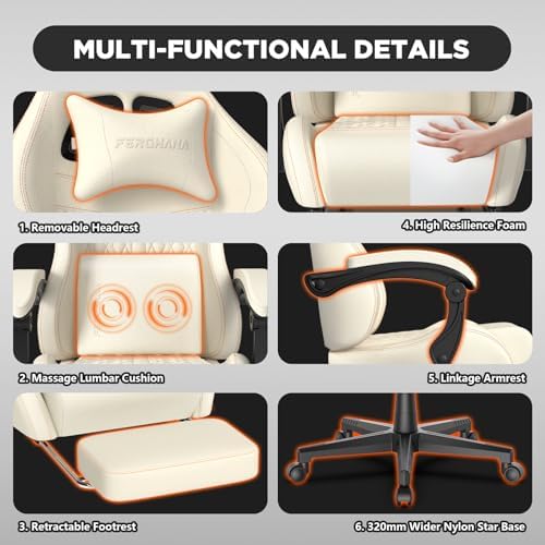 Ferghana Vintage PU Leather Gaming Chair, Ergonomic Reclining Racing Gamer Chair with Massage Lumbar Support, High Back Computer Office Chair with Footrest for Adults, White