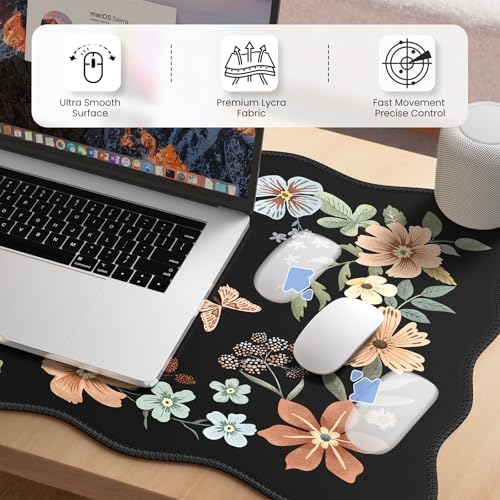 HAOCOO Scalloped Desk Mat for Keyboard, Floral Mouse Pad(Black)
