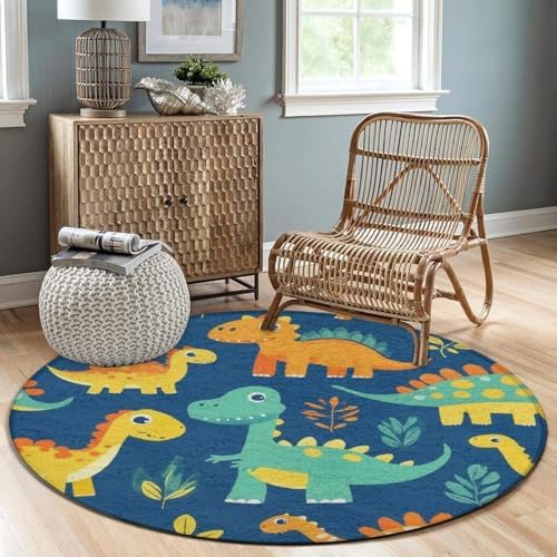 Large Home Decor Mat, Soft Round Yoga Carpet, Non Slip Machine Washable Home Office Circle Rug Cute Dinosaur
