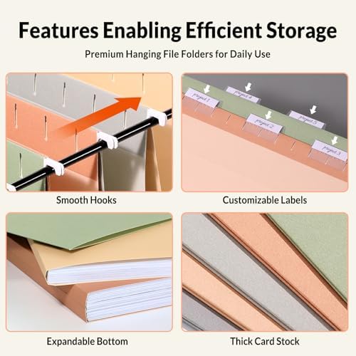 SUNEE 25 Count Hanging File Folders, Pastel Colors, Hanging File Folders Letter Size, Hanging Folders with 1/5-cut Tabs, Designed for Bulky Files, Filing Cabinets, Medical Charts