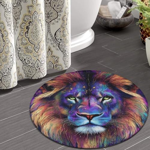 Machine Washable Modern Round Area Rug, Room Sofa Yoga Soft Round Carpet, Home Decor Non Slip Kitchen Office Circle Rug Trippy Animal King Cool Lion Art, 36inch