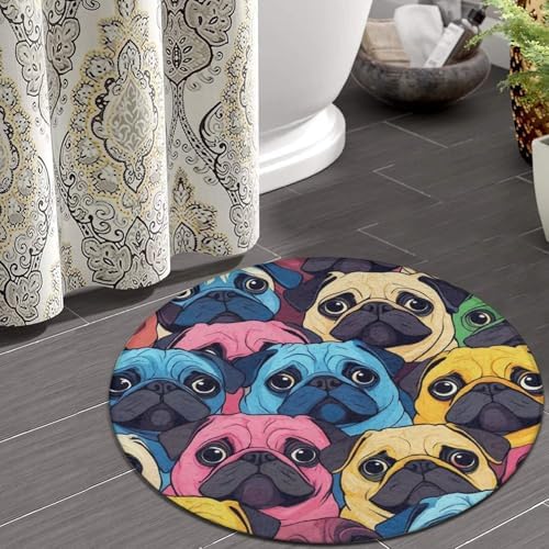 Fashion Round Area Rug Large Non Slip Carpet, Colorful Pug Dogs Funny Puppy Unisex Home Decor Mat