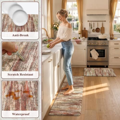 KIMODE Anti Fatigue Kitchen Mats,Farmhouse Kitchen Rugs Sets of 2 Red Brown