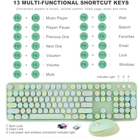 Wireless Keyboard and Mouse Combo, Ergonomic Full Size Typewriter Retro Round Keycaps Keyboard, Compatible with Windows, PC, Perfer for Home and Office Keyboards (Green