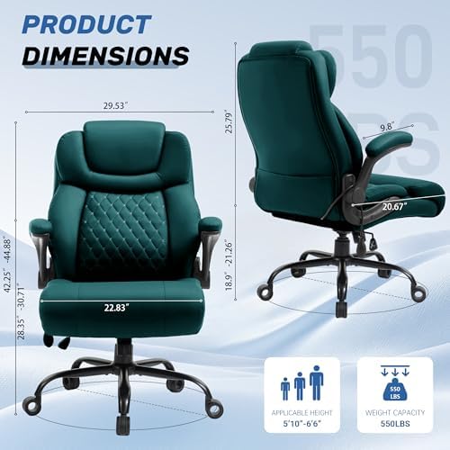 550LBS Big and Tall Office Chair, Comfy Heavy Duty Executive Chair with Adjustable Lumbar Support Double Spaces Casters, Fabric Extra Wide Seat Ergonomic Computer Desk Chair for Back Pain,Green