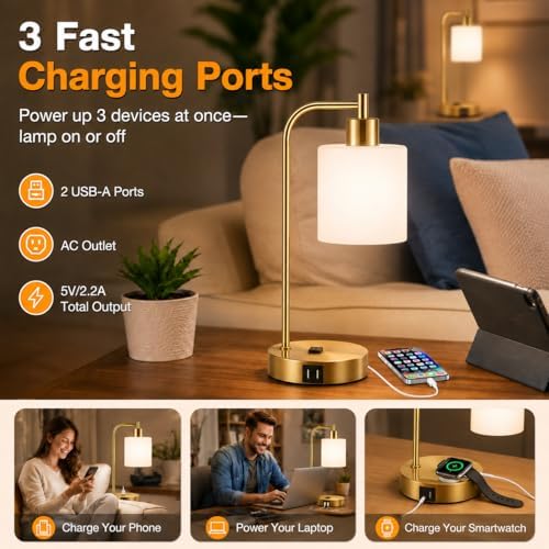 Set of 2 Industrial Touch Control Table Lamps with 2 USB Ports and AC Outlet - 3-Way Dimmable Gold Bedside Lamps Nightstand Desk Lamps for Bedroom Living Room, Opal Glass Shade & 2 LED Bulbs Included