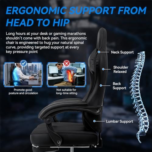 ELECWISH Ergonomic Gaming Chair, Reclining Computer Chair, Pure Black