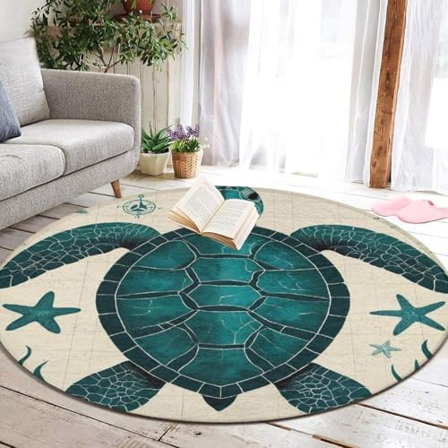 Women's Large Home Decor Mat, Soft Round Yoga Carpet, Non Slip Machine Washable Home Office Circle Rug Vintage Ocean Animal Theme Sea Turtle