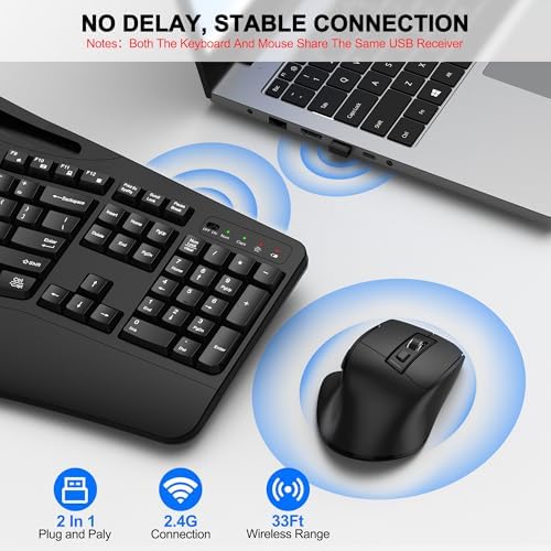 Wireless Keyboard and Mouse Combo, 2.4G Ergonomic Wave Keys(Black)