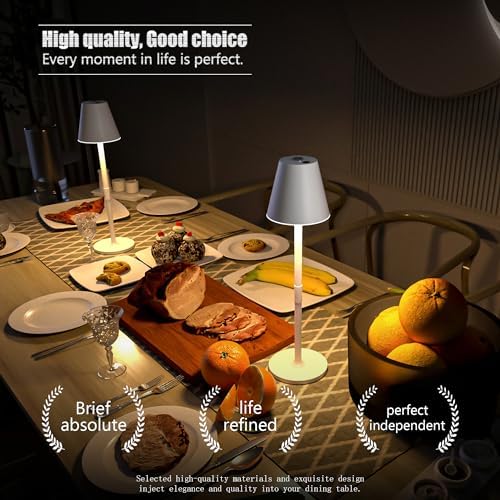 Timjorman 2-Pack Cordless Table Lamps - 5000mAh Rechargeable Battery Operated Desk Lamp, 3-Level Dimmable LED Night Light for Bedroom, Dining, Restaurant - Metal Design (White 2-Pack)