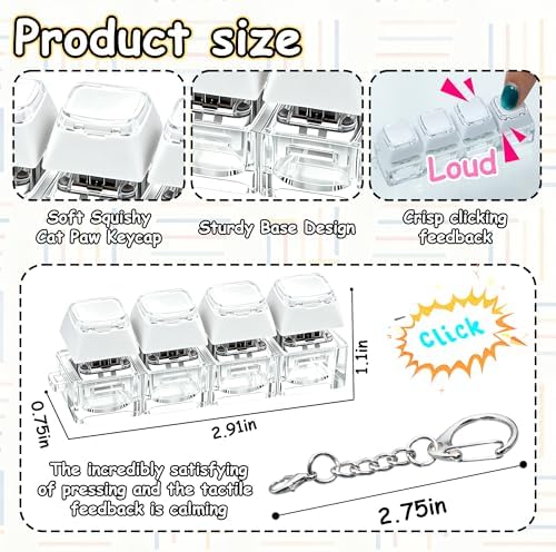 2 PCS Keyboard Fidget Toy, Double Layer Keycap Keyboard Fidget Keychain 4-in-1 Keyboard Decompression Button Finger Clicker Toys, Portable Tactile Button Sensory Fidget Toys Stress Relief Gifts（White）