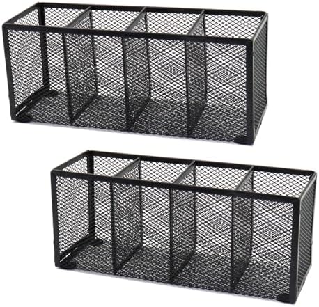 2PCS Black Mesh Pen Pencil Holder, Metal Desk Organizer Desktop Stationery Office Supplies Acessories Storage Stand, 4 Compartments Brushes Holder for Home School Classroom Teachers