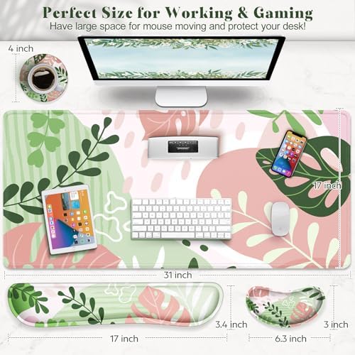 Gimars 4 in 1 Mouse Pad and Keyboard Wrist Rest Set, Large Mouse Pad with Memory Foam Wrist Support Pad for Desk with Coaster, Easy Typing Pain Relief, Gaming Office Home, 31.5x12 inch, Morandi Pink