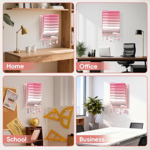 Wall File Holder Hanging Wall File Organizer, Wall Mount Mail Holder and Paper Organizer with Bottom Shelf & 5 Hooks for Office Home School (8-Tier Pink)