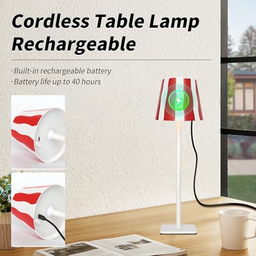 Mr. White Outdoor Waterproof Cordless Wireless Rechargeable Portable Top Touch Battery Operated Powered LED Table Lamp Desk Lamp Lights for Restaurant Kitchen Patio Dinner Dining (Red)