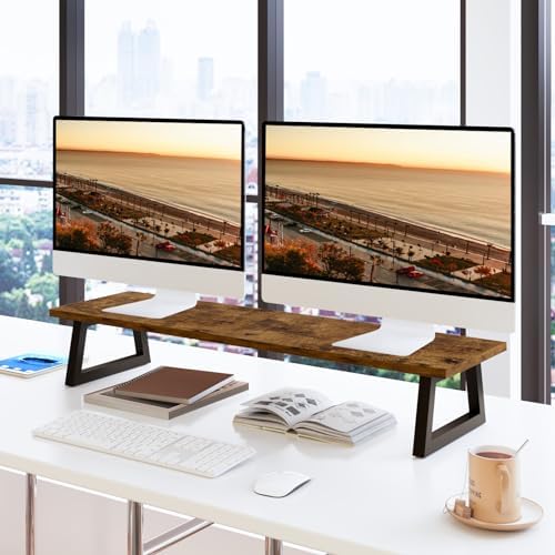 TEAMIX 31.5 inch Dual Monitor Stand Riser, TV Riser, Wood Desk Organizer