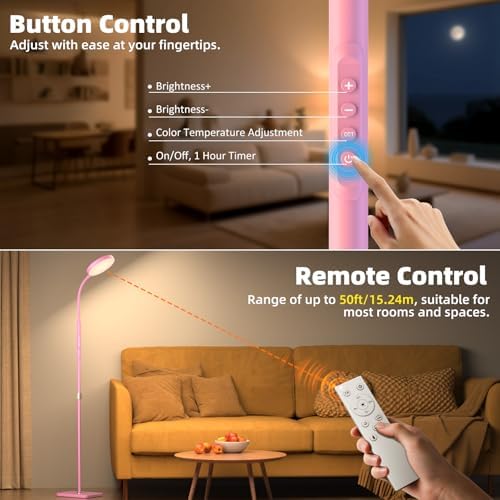 PACOVY Floor Lamp, Adjustable Height Floor Lamps for Living Room Bedroom, 120 LED Super Bright Standing Lamp Remote Control Dimmable Gooseneck Tall Stand Reading Lamp for Office Craft, Pink