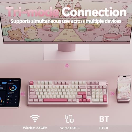 LEOBOG A98 Wireless Mechanical Pink Creamy Keyboard with Number Pad Knob